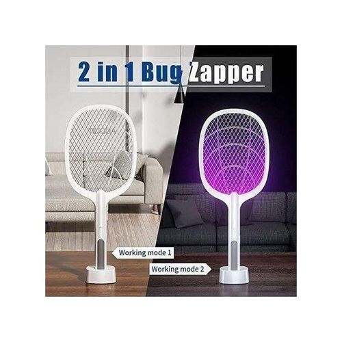 Bug Zapper 2 en 1 Blanc – Raquette Anti-Moustique et Lampe UV